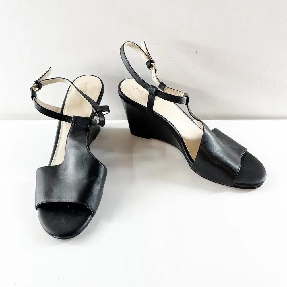 Cole Haan Maddie Open Toe Wedge Leather Shoes Sandals Black 9.5